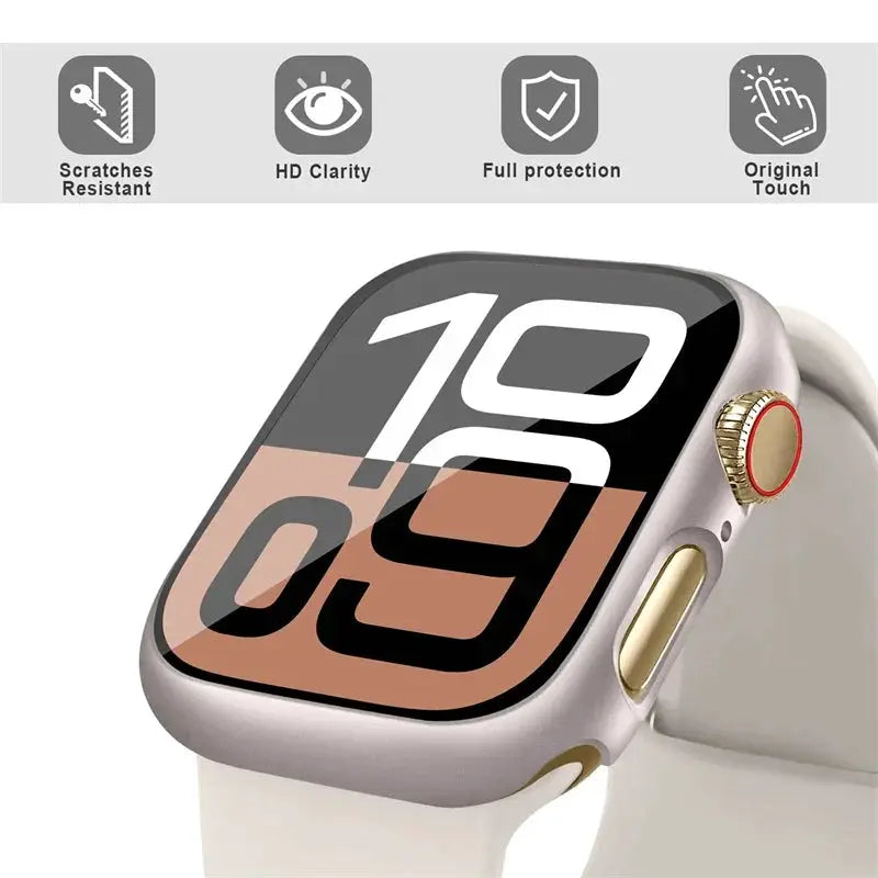 Tempered glass screen protector and protective case for Apple Watch 38–46mm, silver case, white band