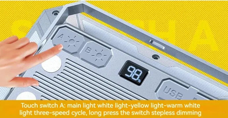 Simples Market LED camping light, silver-gray rechargeable searchlight with USB and A/B touch switches