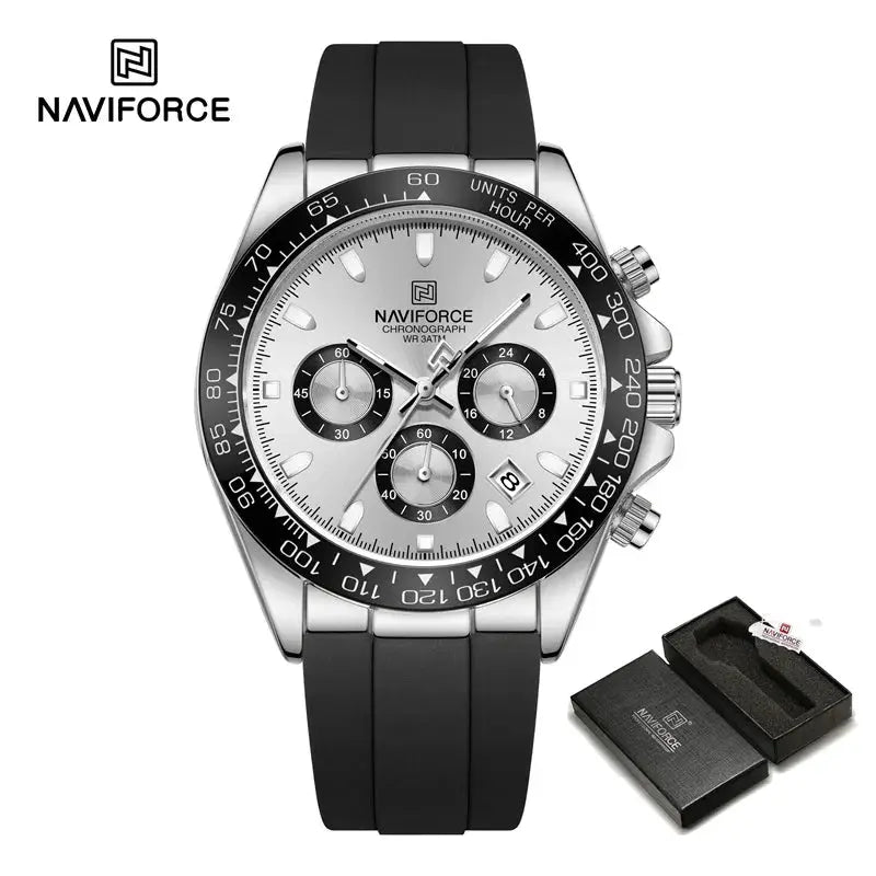 NAVIFORCE NF8054 men's chronograph wristwatch with silver dial, black bezel and silicone strap, with presentation box