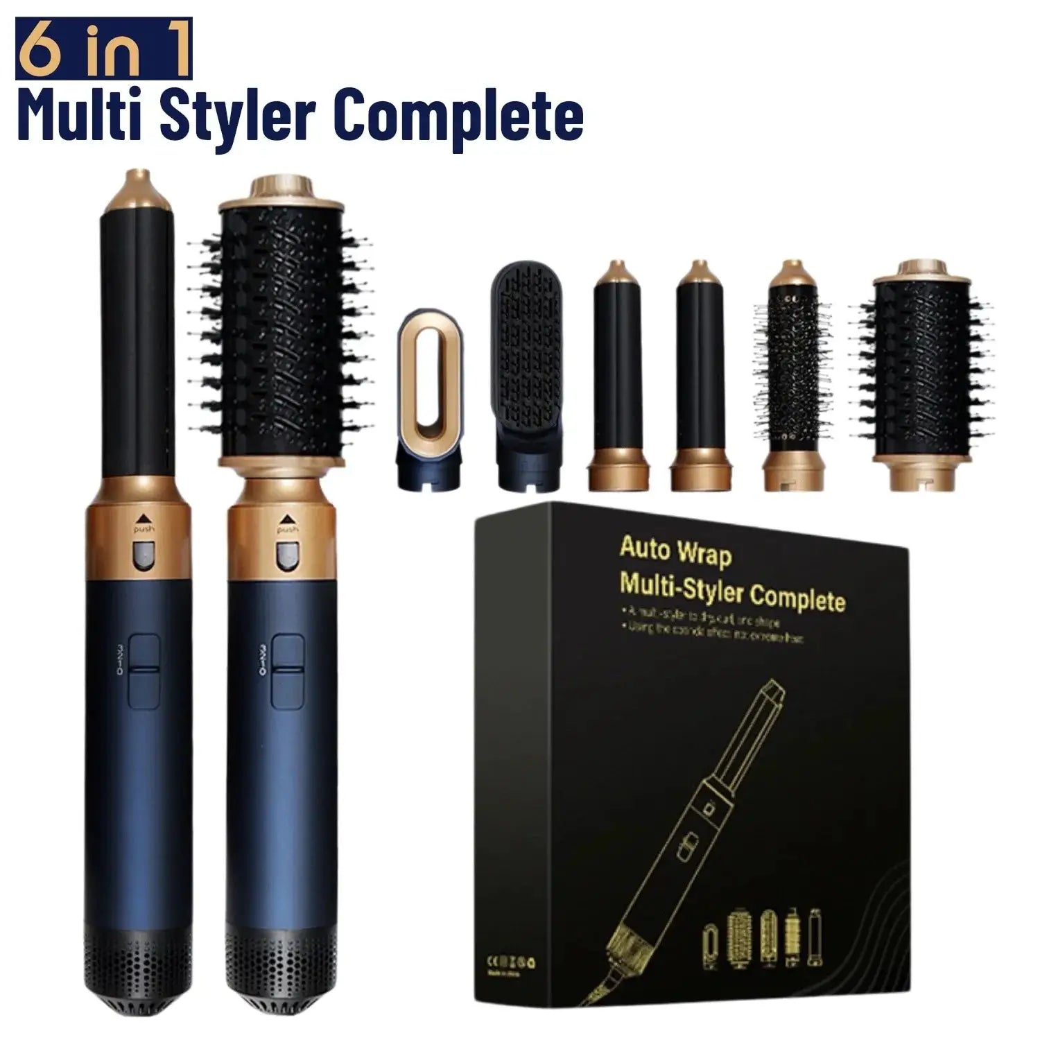 Simples Market 6-in-1 hair dryer multi-styler with black and gold body and multiple attachment heads.