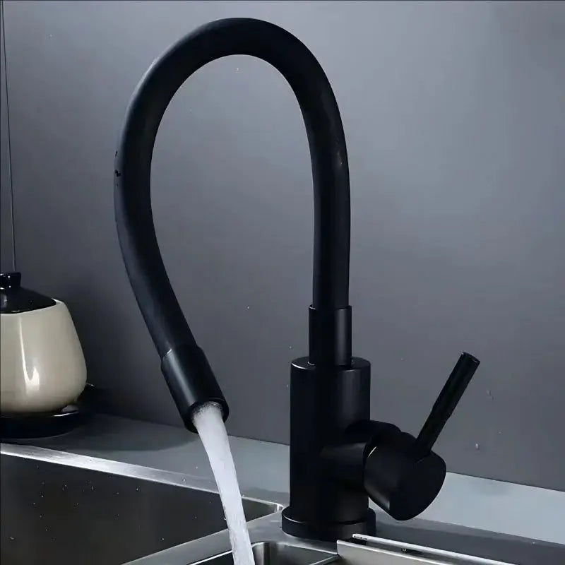 Universal black gooseneck kitchen faucet, deck-mounted with swivel hose and hot/cold mixer