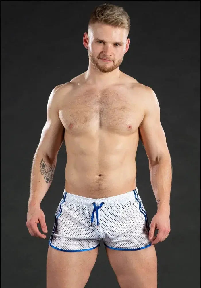 Men's white grid-mesh gym shorts with blue trim and drawstring