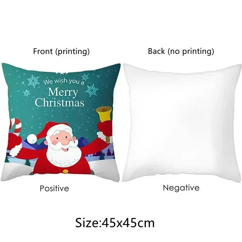 Square pillow cover 45x45 cm with Santa Claus Christmas illustration on teal front; back plain white.