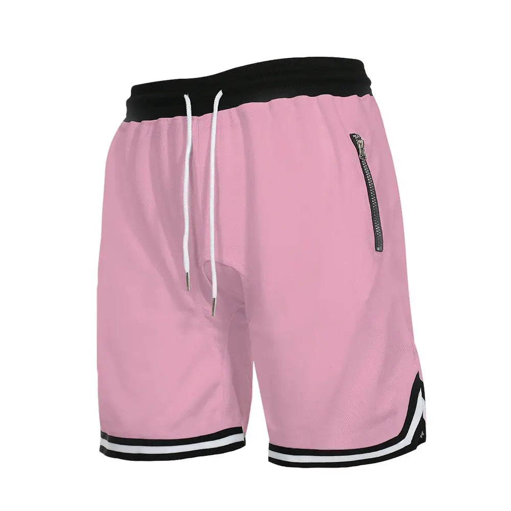 Men's pink mesh quick-dry basketball shorts with white drawstrings, zip pocket, and striped hem, Simples Market