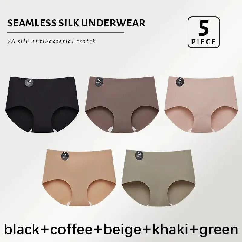 Panties set, 5-piece seamless mulberry silk panties in black, coffee, beige, khaki and green