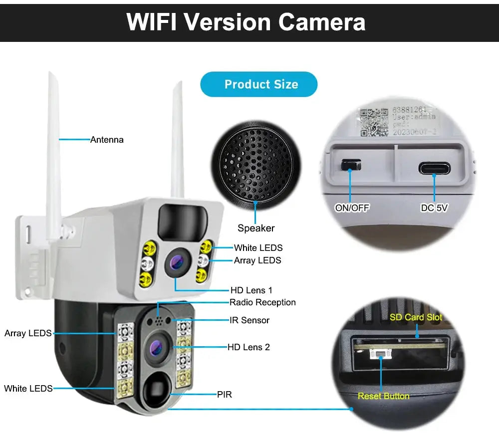 Simples Market wireless outdoor security camera with dual HD lenses, LEDs, antenna, PIR sensor, SD card slot