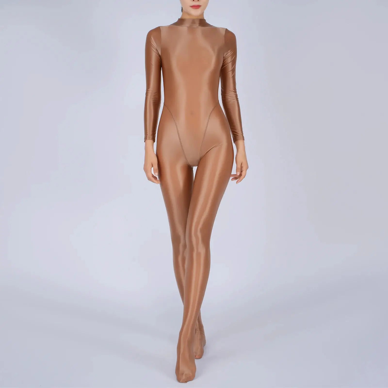 Women's full-body glossy bronze jumpsuit by Simples Market with long sleeves and footed legs