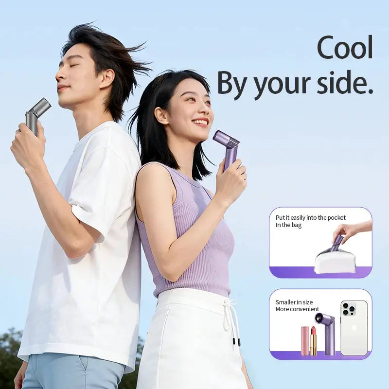 Simples Market lipstick-style portable handheld fans (2) in gray and purple, foldable compact design.