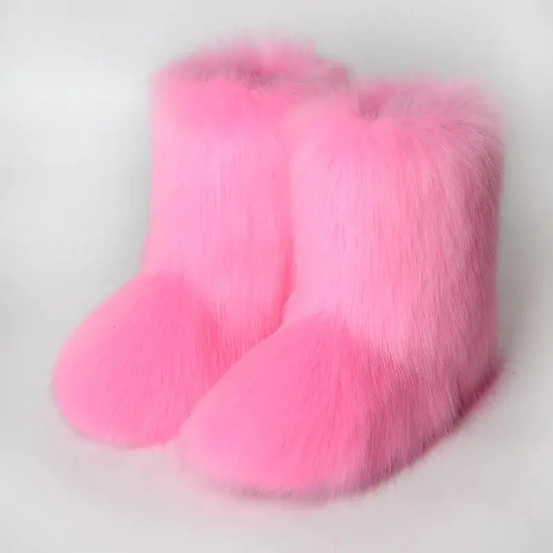 Women's Winter Snow Boots With Plush Faux Fox Fur Mid Calf Warm Platform Shoes For Cold Weather Outdoor