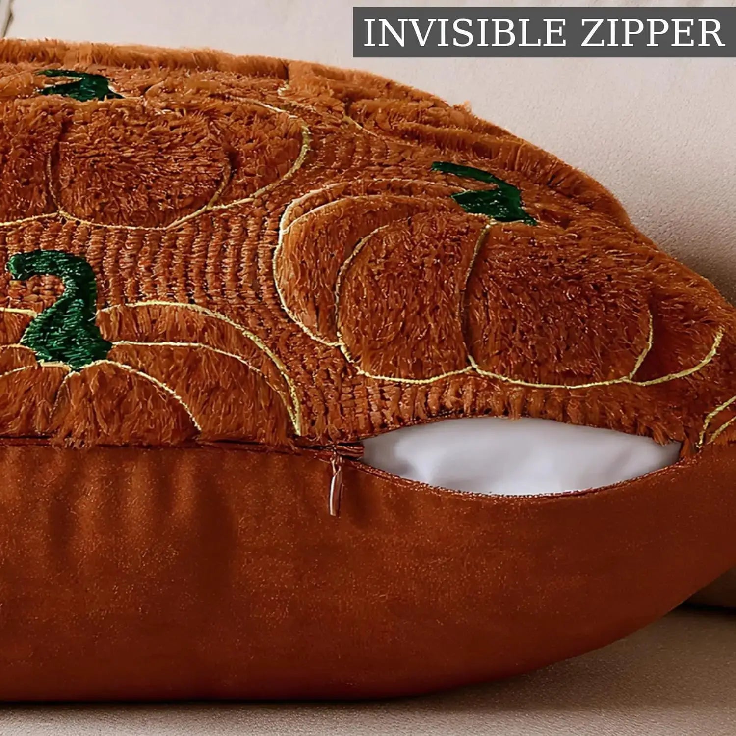 Green Christmas tree faux fur throw pillow cover, 18x18, brown base with green embroidery and invisible zipper