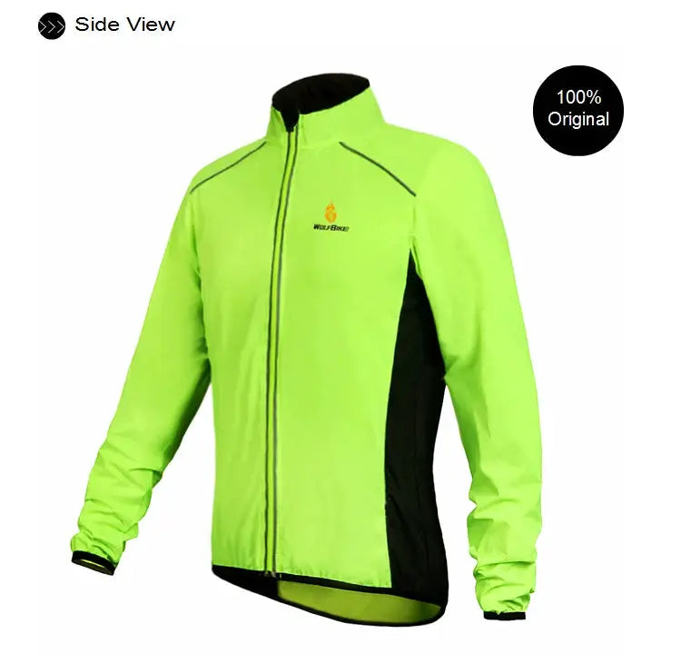 WOSAWE men's neon green windproof water-repellent cycling jacket with black side panels, front zip, chest logo.