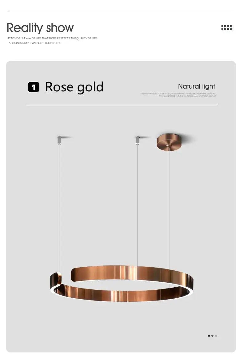 Nordic ring LED pendant light, rose gold finish, dimmable hanging chandelier for living/dining room
