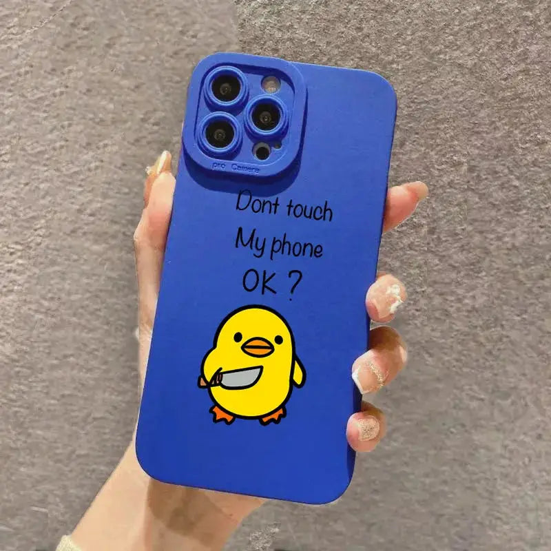 Cute minimalist cartoon duck silicone phone case for iPhone, blue with a yellow duck and Don't touch My phone OK?