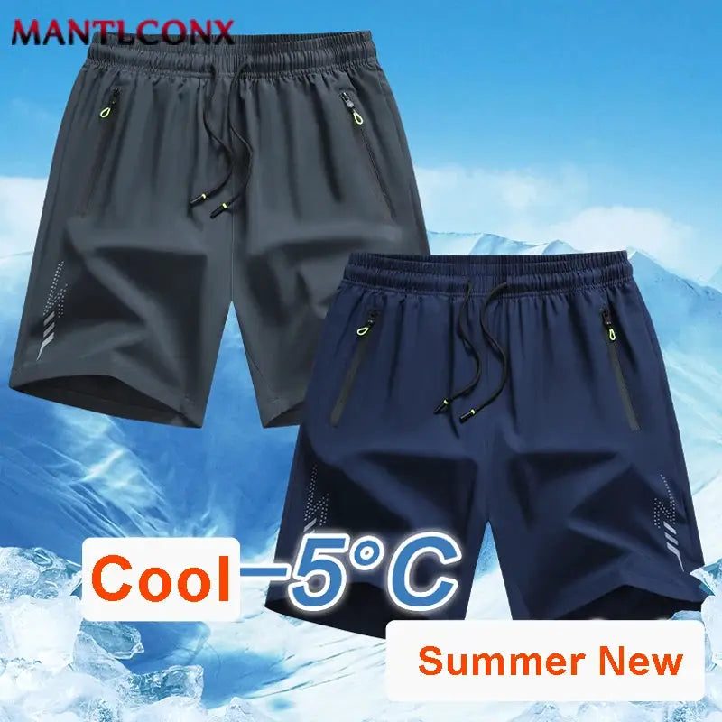Pair of men's athletic shorts in grey and navy with drawstring waist and zip pockets, breathable quick-dry fabric