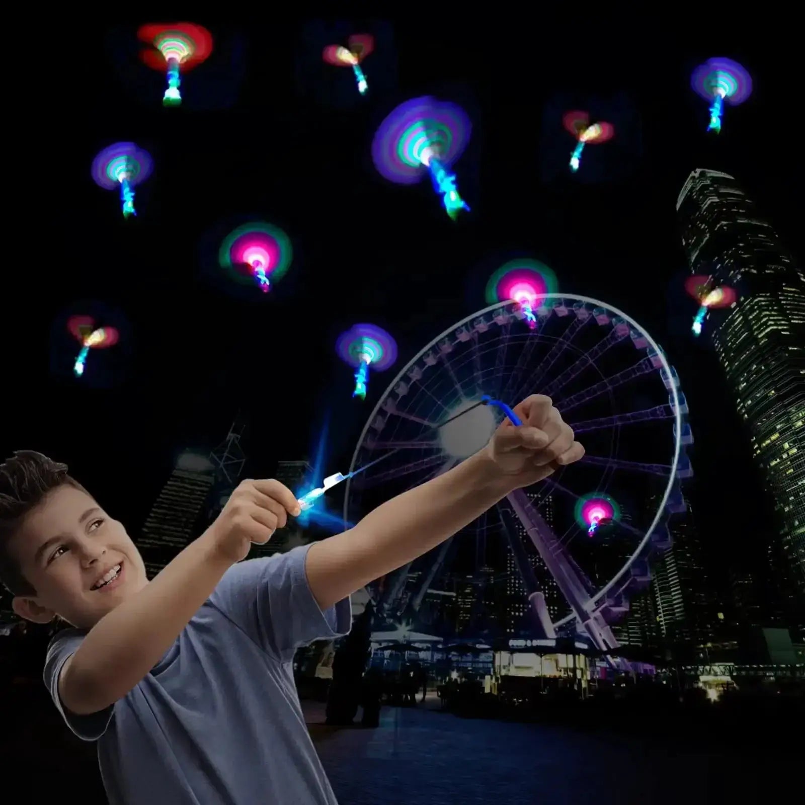 Outdoor LED Slingshot Rocket Helicopter Flying Toy With Glowing Lights For Kids Party Gift
