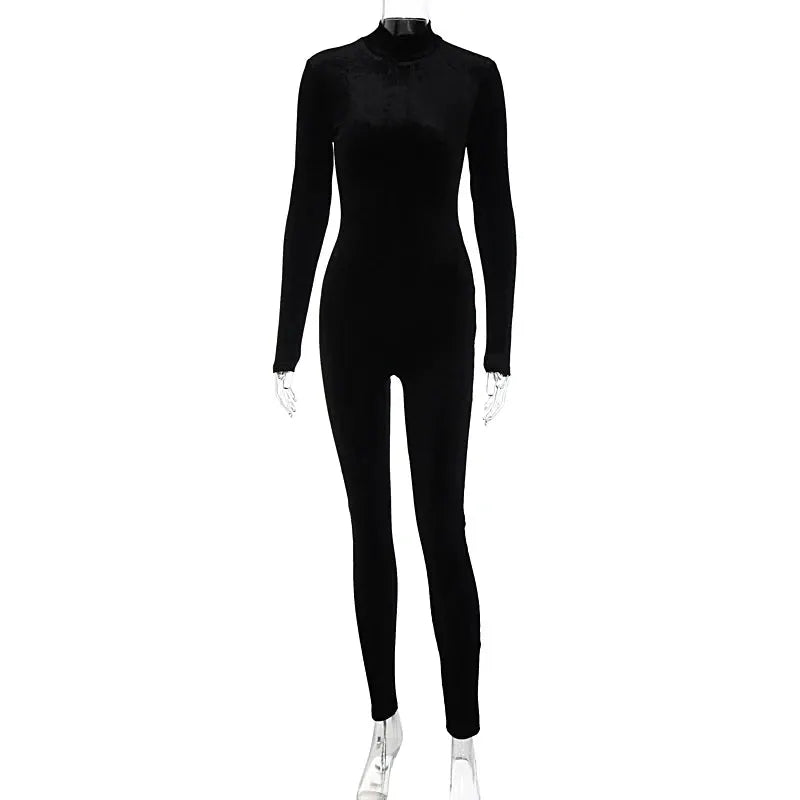 Dulzura Autumn Velvet long-sleeve O-neck bodycon jumpsuit for women in black by Simples Market.