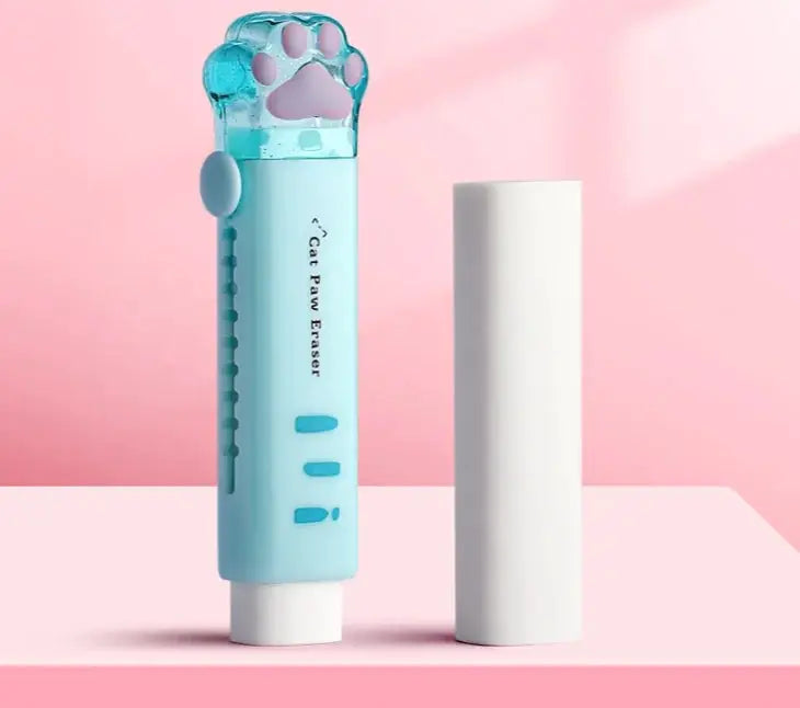 Cat-paw eraser by Simples Market with retractable push-pull design; blue body, translucent paw top