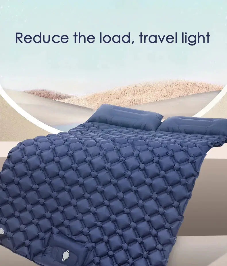 Air mattress by Simples Market, blue double camping bed with quilted surface and two pillows