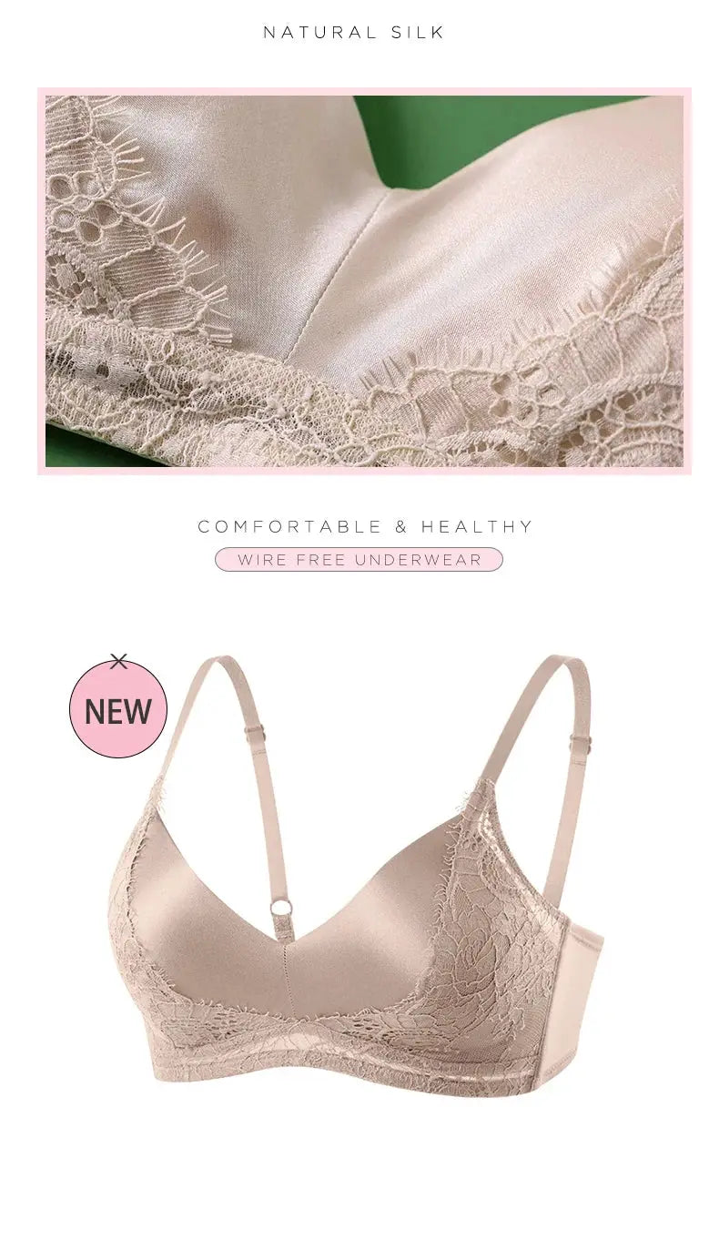 SuyaDream women's silk bra, wire-free, lace-padded, silk blend (93% silk/7% spandex), nude beige, Simples Market