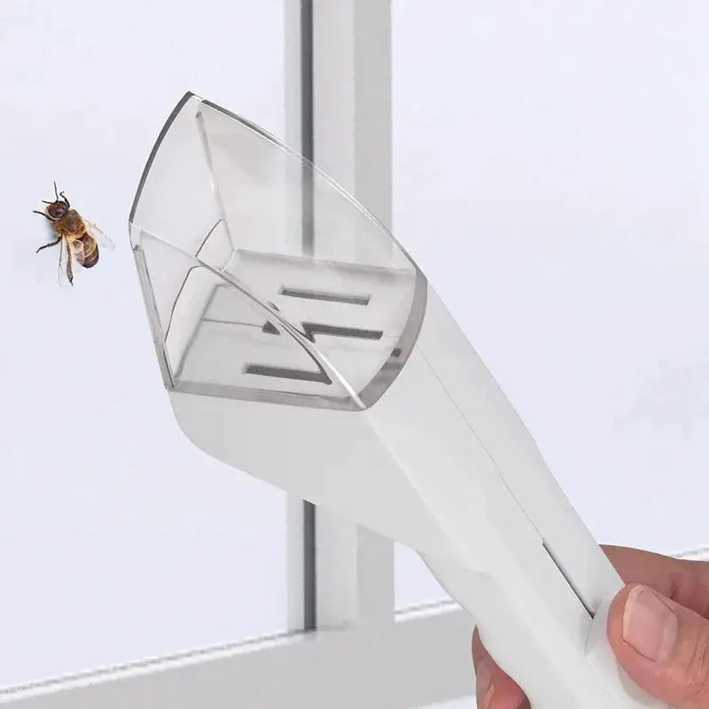 Handheld insect catcher in white plastic with clear capture cone catching a bee near a window