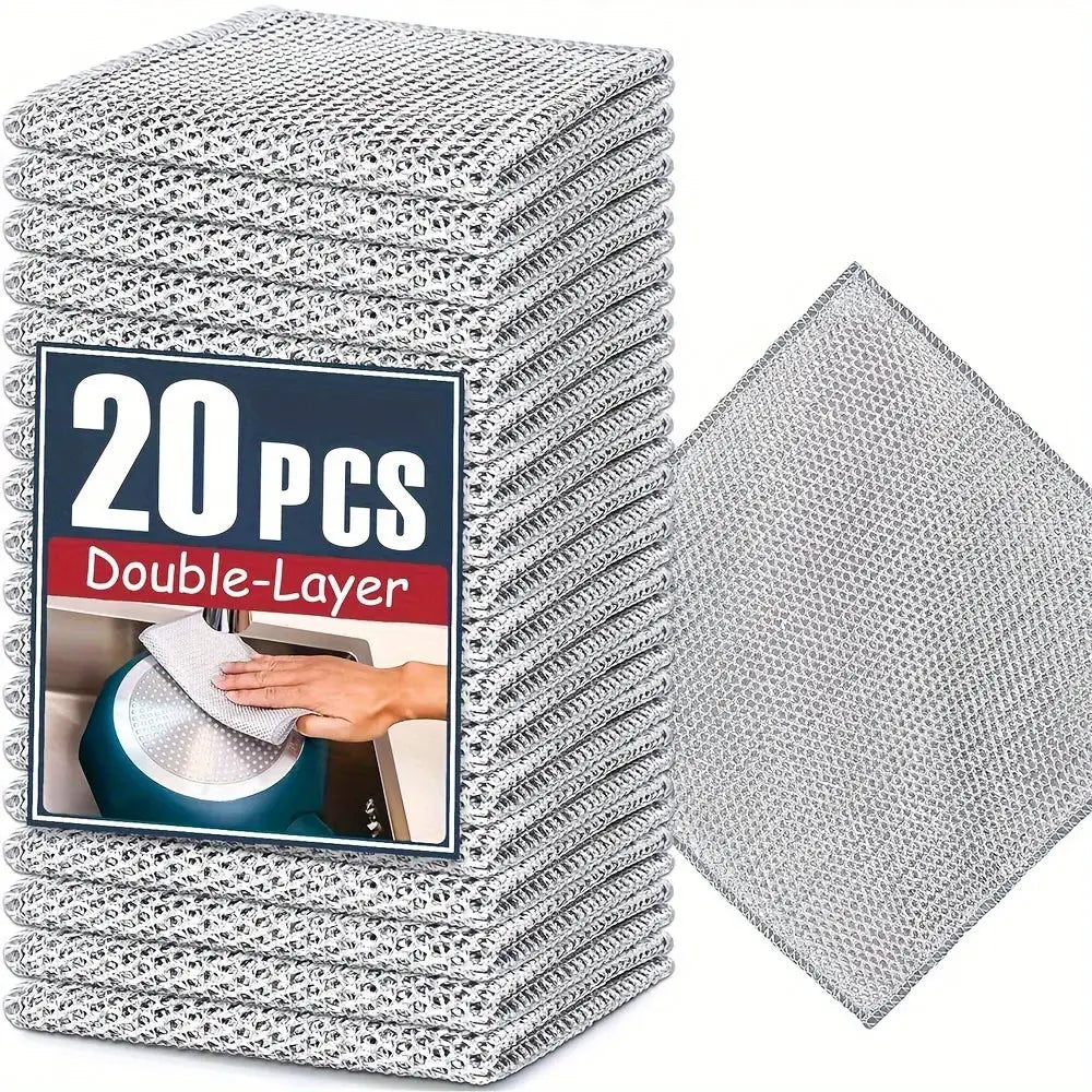 Double-layer steel wire cleaning cloths, 20 pcs, Simples Market, metallic silver non-scratch mesh dishrag set