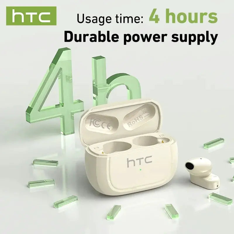 HTC NE51 Bluetooth Earphones TWS mini earbuds in white charging case, HTC logo