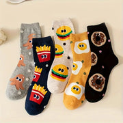 5 Pack Mixed Color Kids Mid Calf Socks With Cartoon Hamburger And Fries Pattern For Boys And Girls