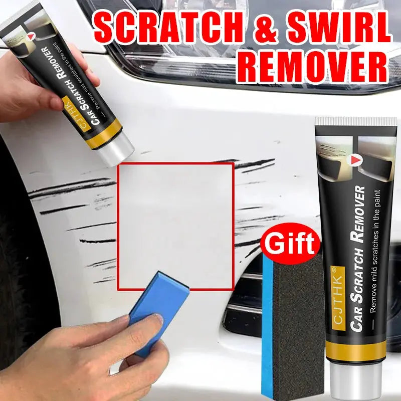 Car Scratch Remover paste with blue sponge by Simples Market for car body paint repair on a white vehicle.