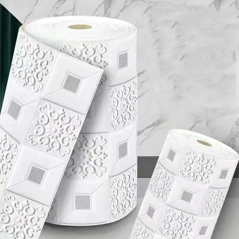 3D brick-pattern wall wallpaper rolls, white embossed squares, waterproof DIY decor, 2 rolls