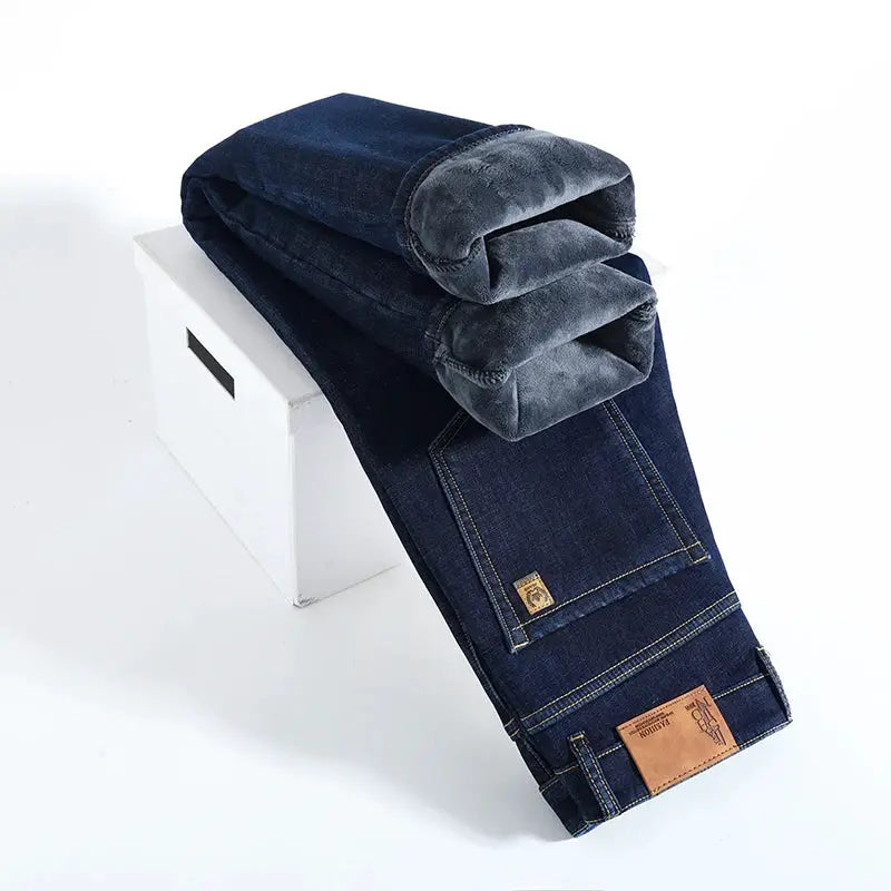 Simples Market men's winter warm fleece denim jeans, dark blue straight-leg pants with fleece lining