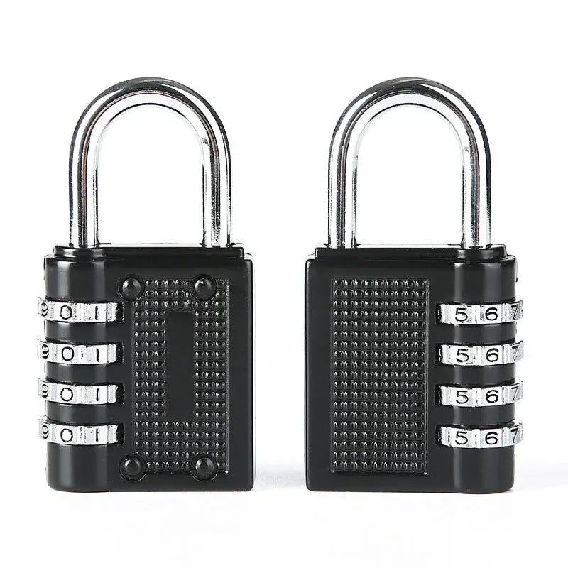 Two black zinc alloy 4-digit combination padlocks with metal shackles for luggage and gym