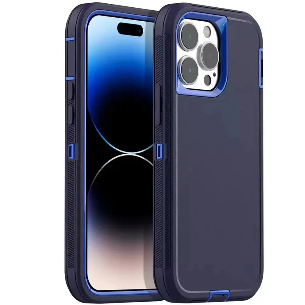 Simples Market 3in1 Defend heavy-duty phone case for iPhone 16–11 Pro Max Mini; rugged blue and navy hybrid armor