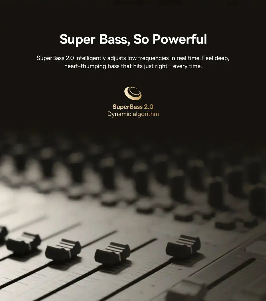 Dark banner over a mixing console with sliders; reads Super Bass, So Powerful and SuperBass 2.0.