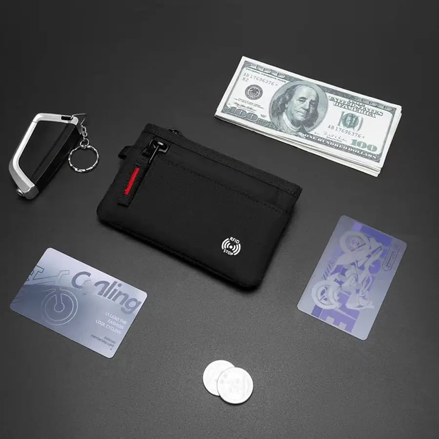 Simples Market black nylon credit card holder wallet with zipper and a metal carabiner key ring