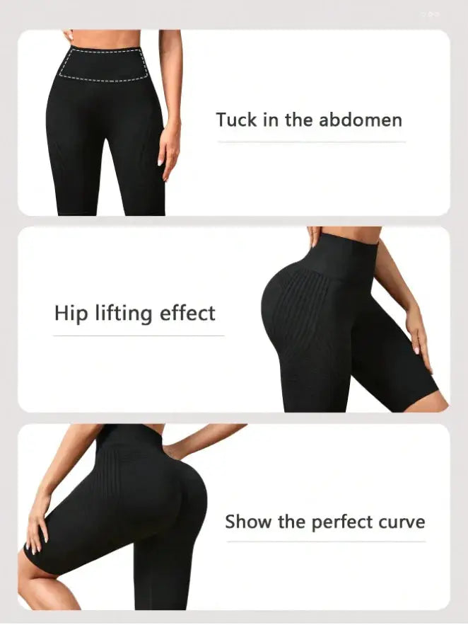 Black high-waisted seamless knitted yoga shorts for women with hip-lift design and curved silhouette