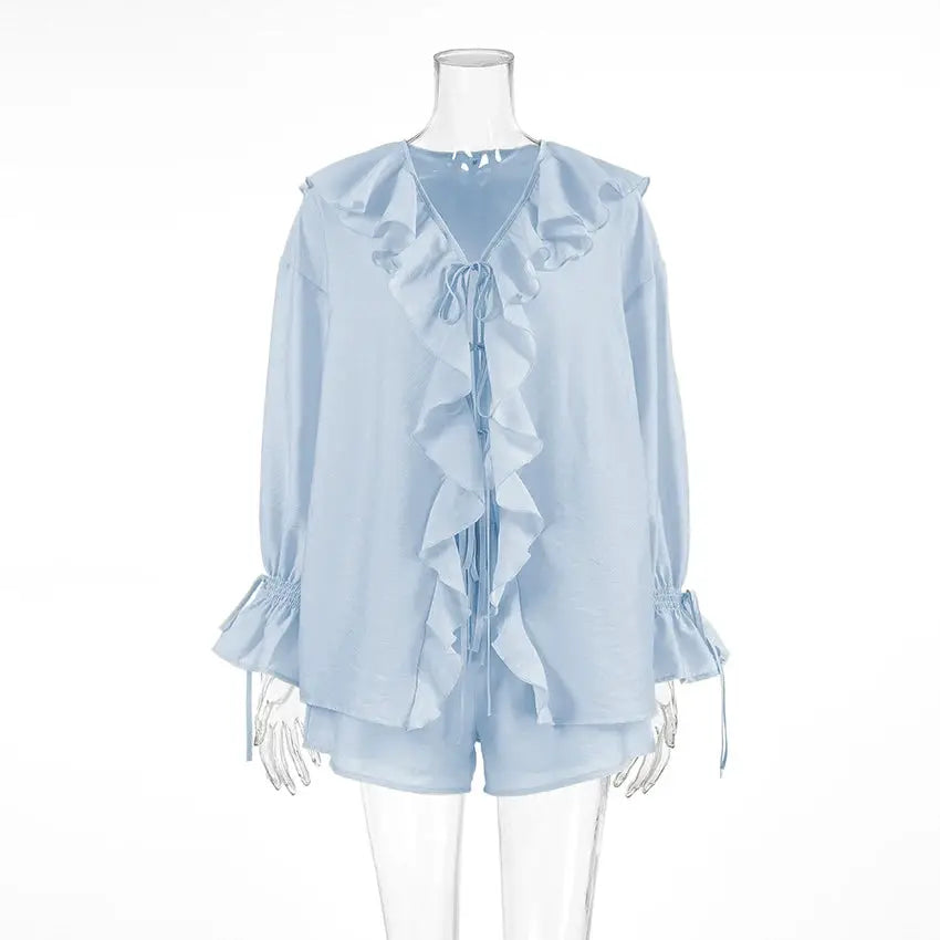 Tornova Womens Ruffled Shorts Sets V Neck Lace Up Shirt Spring Casual