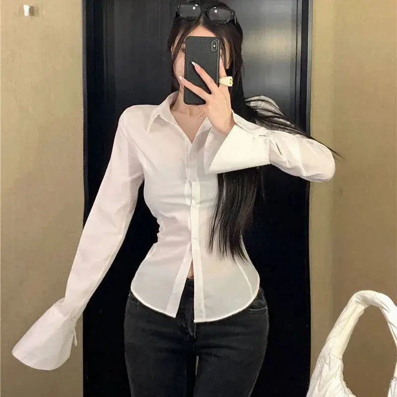 Women's white bandage blouse with bell sleeves, slim fit casual streetwear top by Simples Market