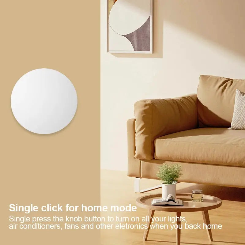 Zigbee smart wall button switch, circular white control mounted on beige wall in a cozy living room.