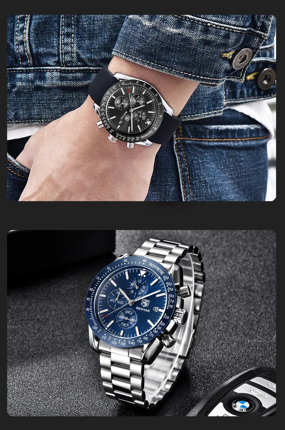 Two men's watches: black silicone-strap chronograph with silver bezel; blue BENYAR steel-bracelet chronograph watch.