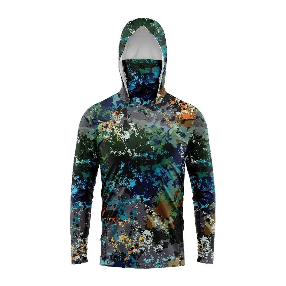 Men's hooded long-sleeve fishing shirt in multicolor camo with UV protection