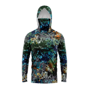 Men's hooded long-sleeve fishing shirt in multicolor camo with UV protection