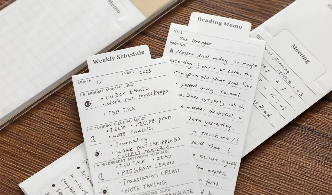 MINKYS 24-sheet bookmark memo pads on white paper with tabbed weekly schedule and reading memo pages