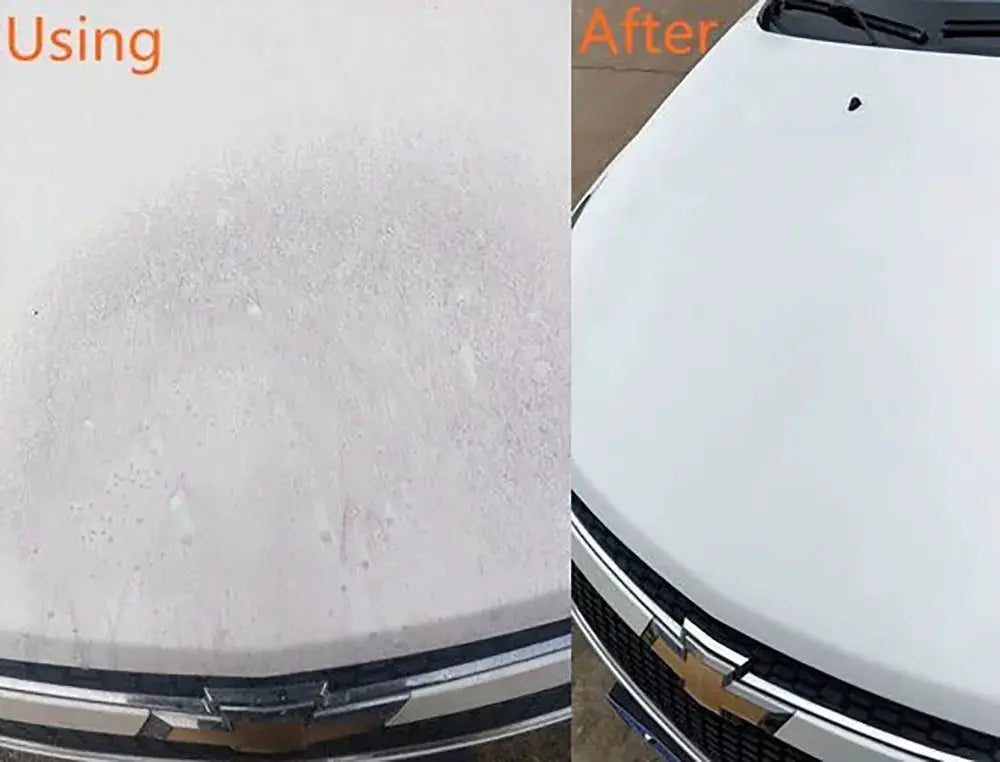 HGKJ car rust remover spray by Simples Market; left shows dusty hood, right shows clean white hood with Chevrolet emblem.
