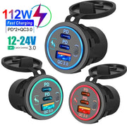 Velev 78W PD3.0 QC3.0 Dual USB C Ports Car Charger Socket Waterproof With LED Touch Switch 12V/24V For Moto