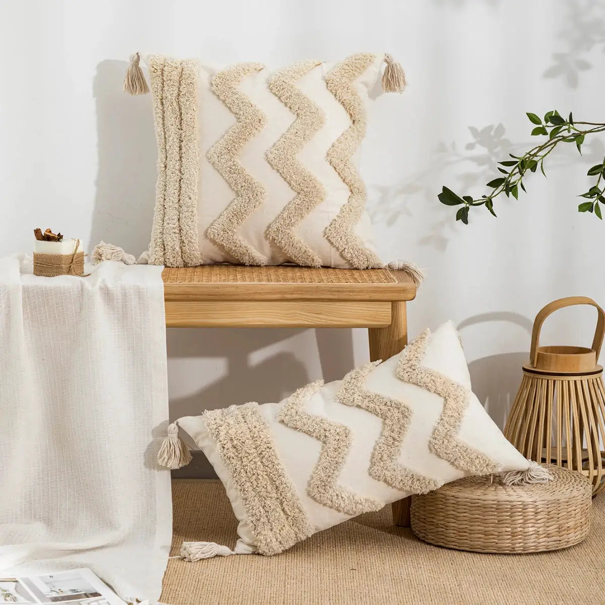 Pillowcases, beige wavy-pattern with cotton tufted texture for bohemian decor, 2 pieces