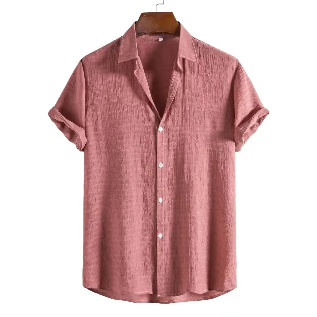 100% cotton-linen men's short-sleeve shirt in rose pink, breathable button-down on hanger