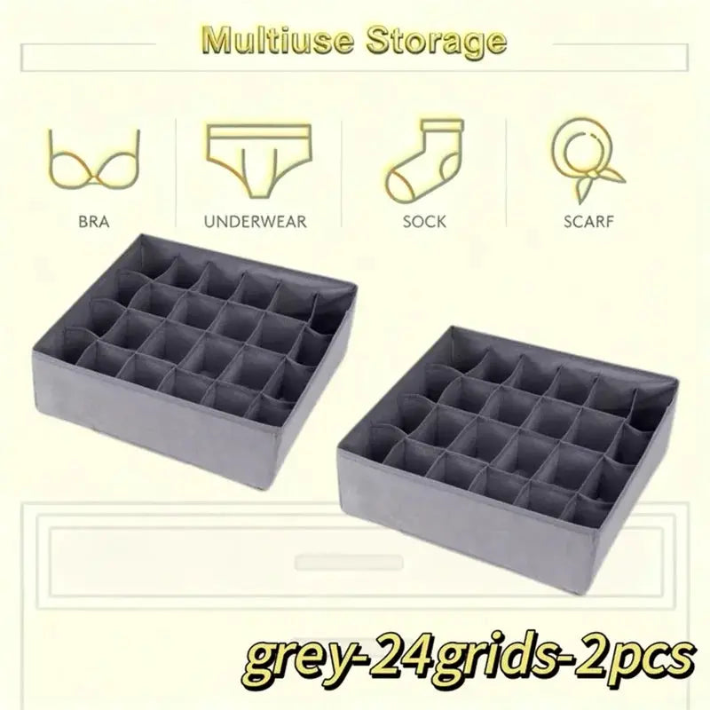 Grey 24-grid drawer storage boxes, 2 pcs, for underwear, socks and small garments