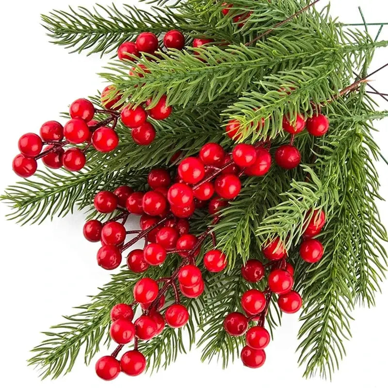 10Pcs Christmas decoration artificial pine branch sprigs with red berries for Christmas tree and wreath, Simples Market