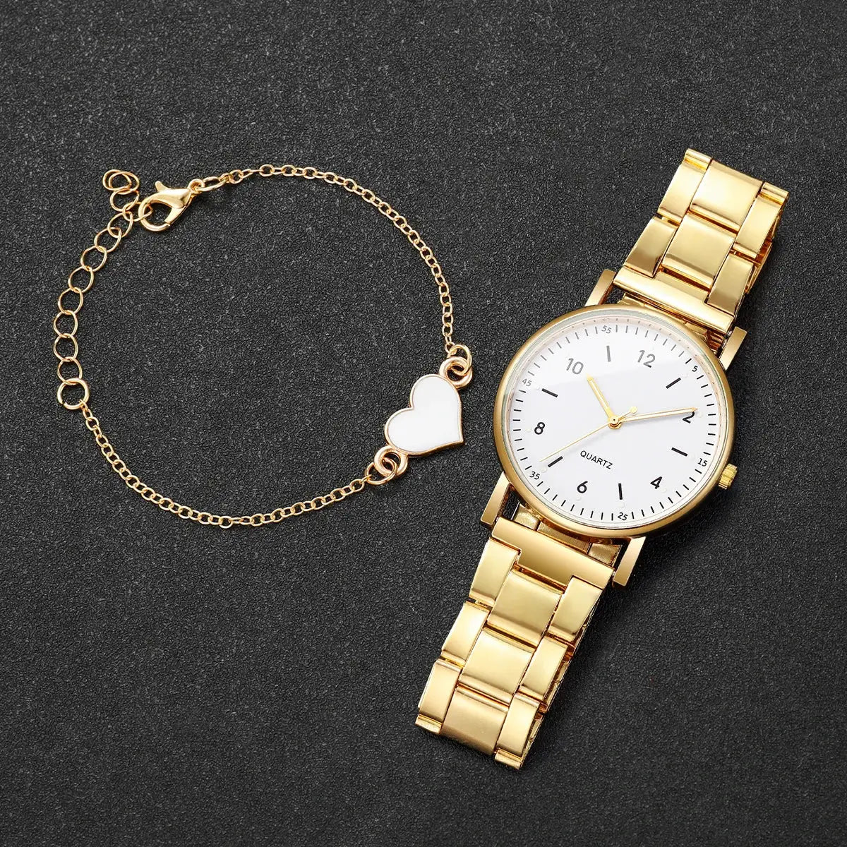 2-piece gold-tone women's quartz watch and bracelet set with heart charm, white dial, metal link band by Simples Market