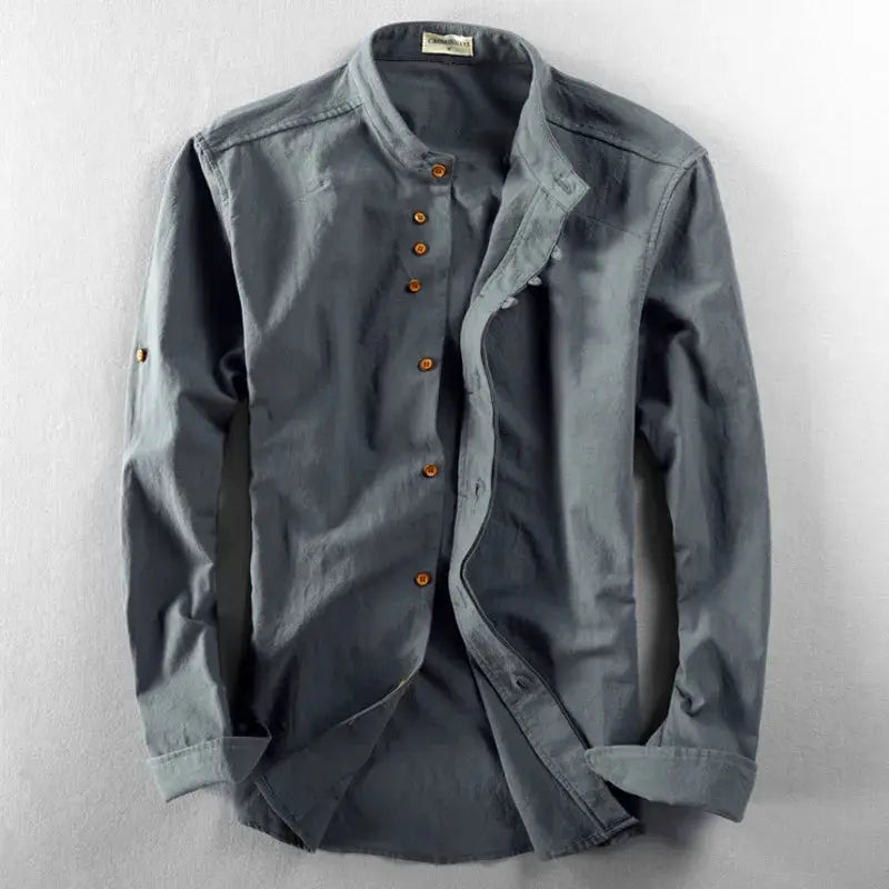 Japan Style mens linen cotton shirt, stand collar, long sleeves, slim fit, slate gray, Simples Market